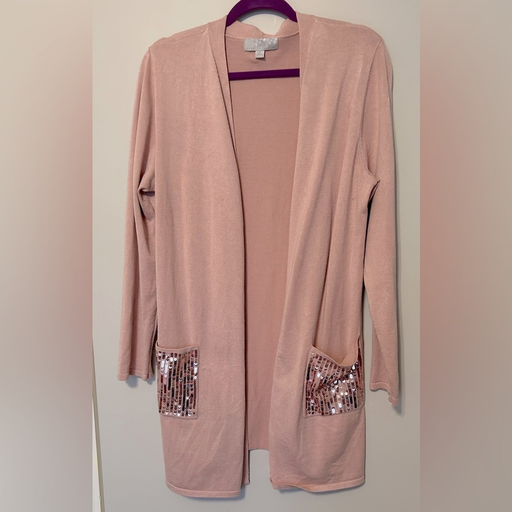 CAROLYN TAYLOR Alma Sequin Pocket Open Front Cardigan - Color: Pink. Size XL